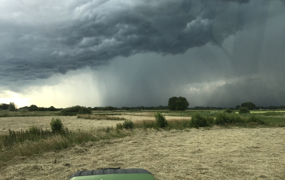 Donkere wolken boven hooiland in de natuur leiderschap